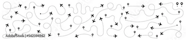 Fototapeta Airplane routes set. Plane route line. Planes dotted flight pathway. Plane paths. Aircraft tracking, planes, travel, map pins, location pins. Romantic travel, heart dashed line trace and plane routes.
