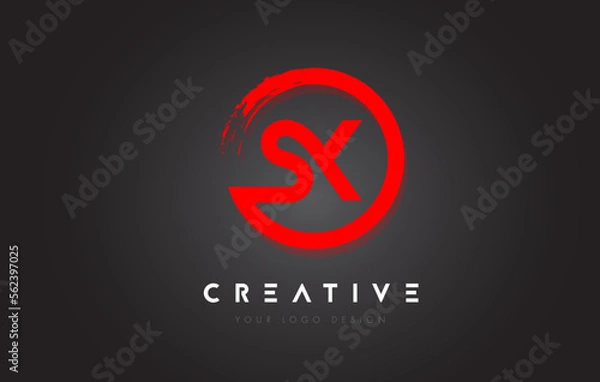 Fototapeta SRed X Circular Letter Logo with Circle Brush Design and Black Background.