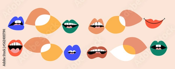 Obraz Set of lips with various expressions. Empty speaking blobs. Gossip, conversation, podcast, discussion.