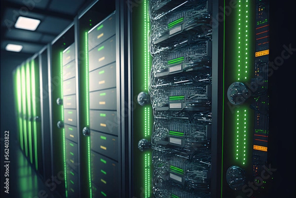 Fototapeta Server racks in data center created with generative AI technology