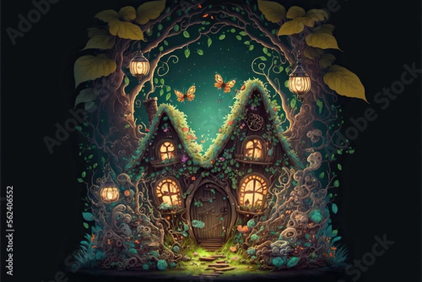 Fototapeta Cozy fairy house in a magical fantasy forest with butterflies, Generative AI