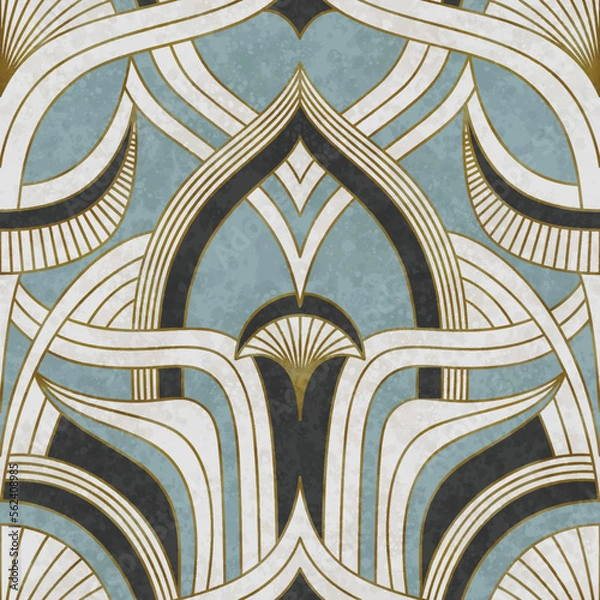 Fototapeta Artistic seamless pattern in art deco style with Asian tuch. Luxury elegant 1920s design for textile and wallpaper. Fabric print vector vintage illustartion.