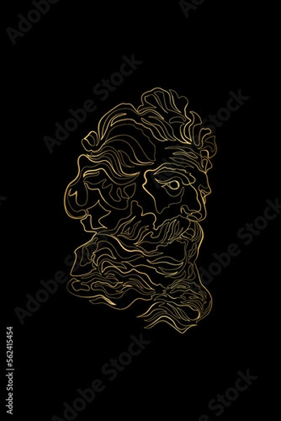 Obraz Zeus, God of thunder, sculpture, Printable One Line Drawing, One line drawing sketch Zeus sculpture. Greece mythology statue hand drawn continuous line, ancient greek god. Modern vector art