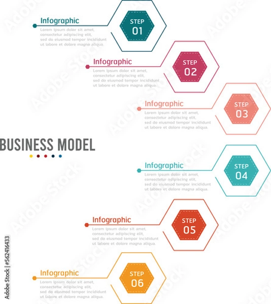 Fototapeta Business vector Infographic design template with 6 options or steps. Process diagram, presentations, workflow layout, banner, flow chart, info graph.