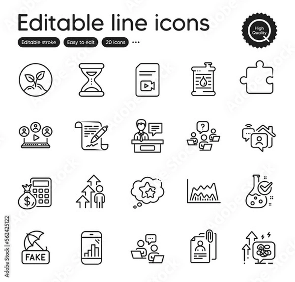 Fototapeta Set of Education outline icons. Contains icons as Employee result, Work home and Teamwork elements. Ranking stars, Fake news, Video conference web signs. Oil barrel, Finance calculator. Vector