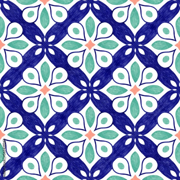 Fototapeta Surface seamless pattern with hand drawn watercolor tile ornament