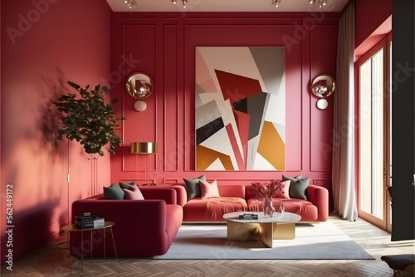 Fototapeta a modern living room in a minimalist millenium crib, high ceiling and filled with vibrant red-orange called Raspberry Blush as the wall blend in with the design of the furniture.

