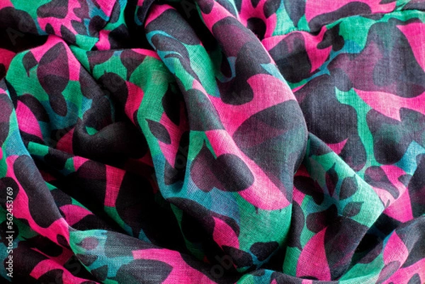 Fototapeta Spots multi-colored fabric, Multi-colored patch, Material Textile, Art background, Stained wallpaper, photo template, Blue, pink and black, Spotted motley. Curvy wavy veil.