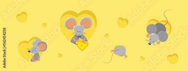 Fototapeta Yellow banner with cheese's texture and mice in different poses on it
