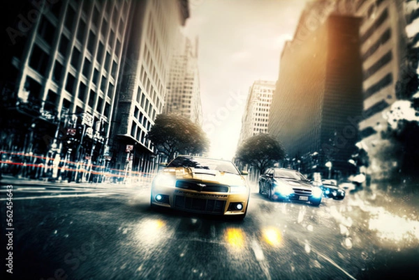 Fototapeta A thrilling high speed car chase. Made with Generative AI.	