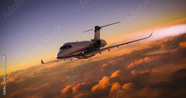 Obraz A luxury private jet overflying cloudy skies at sunset