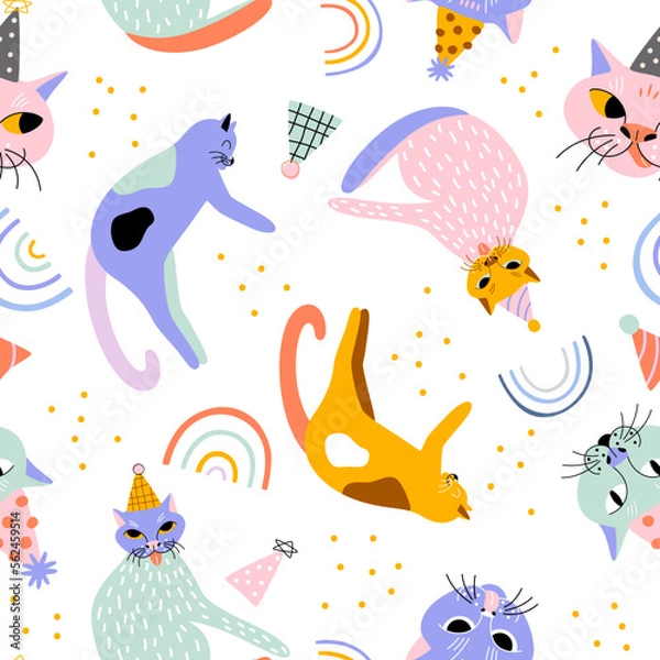 Fototapeta Cute hand drawn cats with festive birthday decorations having fun at the party. Seamless vector pattern with domestic colorful animals