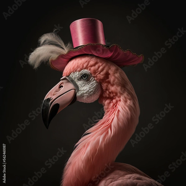 Fototapeta Flamingo dressed up in historical costume against dark background. Generative AI
