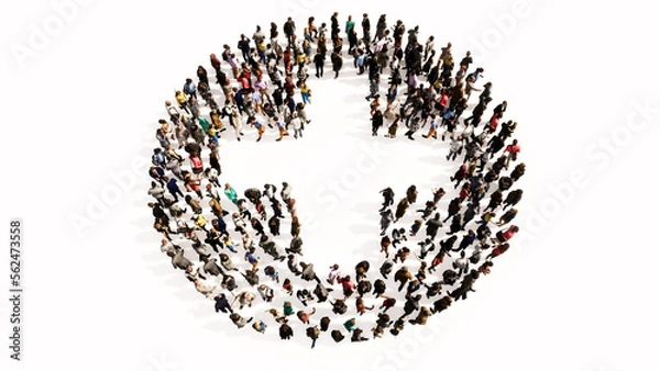 Fototapeta Concept or conceptual large gathering  of people forming a cross sign on white backround. A 3d illustration metaphor for medical care, assistance, emergency, doctor, pharmacy or  hospital