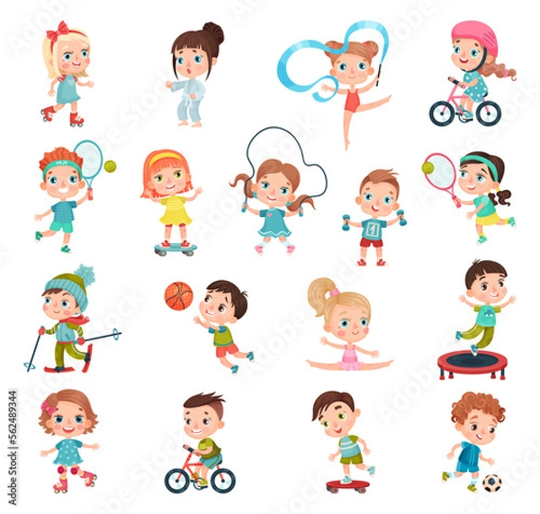 Fototapeta Kids Practicing Different Sports and Physical Activities In Education Class Gym and Outdoors Vector Set