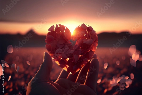 Obraz Valentine's Day. A heart of rose petals in hand. A beautiful sunset in the background. Generative AI.