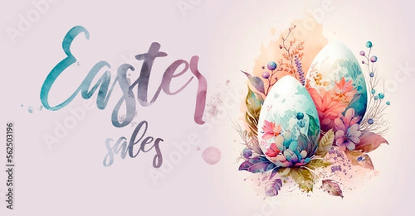 Fototapeta Easter eggs and flowers, on white background. Watercolor illustration. Easter sales banner. Generative AI
