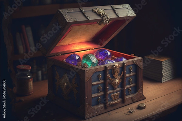 Fototapeta Chest opened with magical dice 20. Role-playing game illustration. Generative AI.