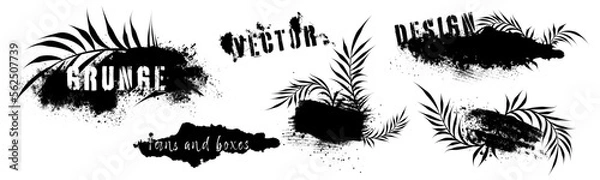 Fototapeta Dirty grunge elements and spray graffiti stencil. Design elements, boxes and frames for text. Dirty artistic grunge vector texture with ferns. Inked splatter dirt stain brushes with drops blots.