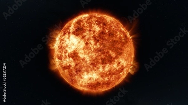 Fototapeta Earth's sun in outer space. Artistic concept 3D illustration as wide locked shot of solar surface with powerful bursting flares and star protuberances erupting with magnetic storms and plasma flashes.
