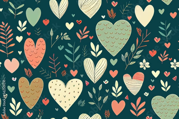 Fototapeta Seamless pattern graphic set of hand draw hearts, on the dark background,