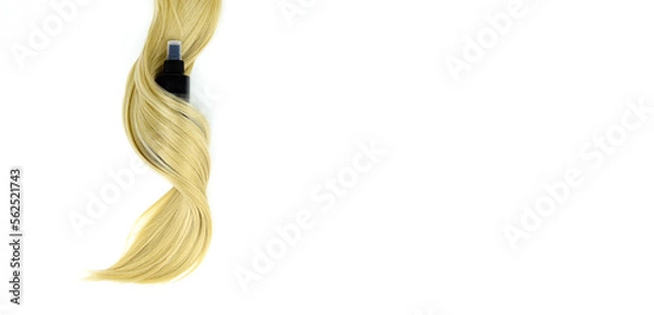 Fototapeta Different professional hairdresser tools hair spray and strand of blonde hair on white background, flat lay. Hair care spa concept.