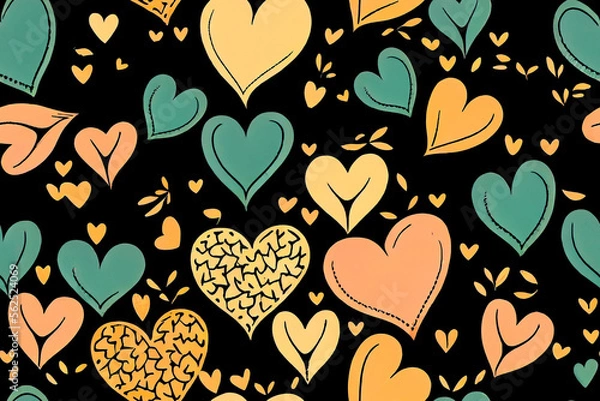 Obraz Seamless pattern graphic set of hand draw hearts, on the black background,