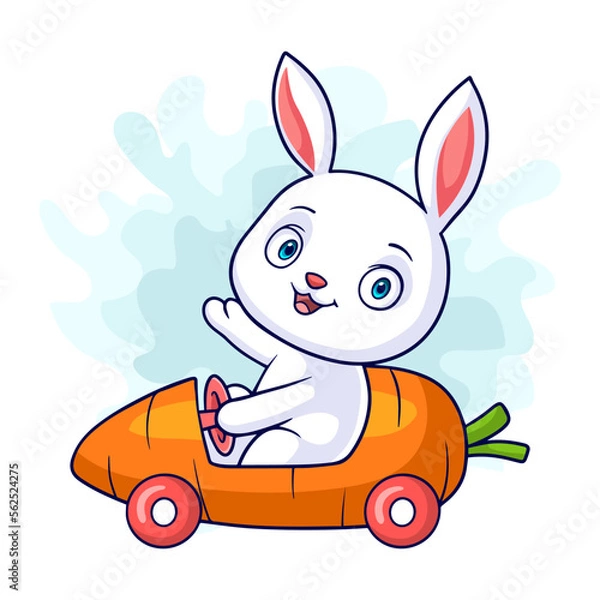 Obraz Little bunny cartoon driving a carrot shaped car on a white background