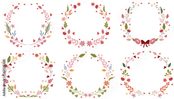 Obraz Beautiful wreaths with colorful flowers, leaves, berries, hearts and stars all around. A collection of wreaths for greeting cards, invitations to weddings, birthdays, etc. Vector.