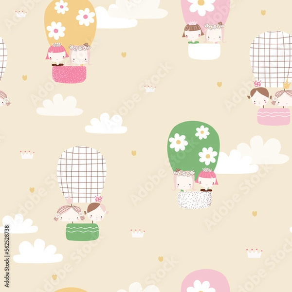 Obraz Seamless pattern with princesses flying in hot air balloons. Childish print. Vector hand drawn illustration.