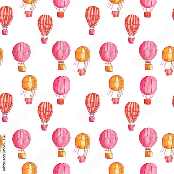 Obraz seamless pattern, air balloon with basket, pink pattern, air Transport, baby illustration, print for fabric, wrapping paper, 