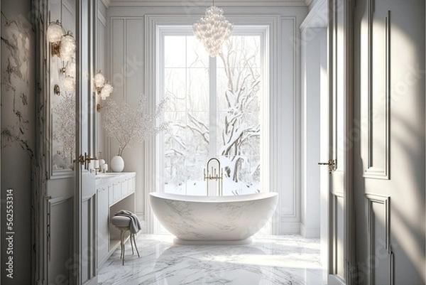 Fototapeta Luxurious spa-like bathroom with a freestanding tub and marble accents generative ai,