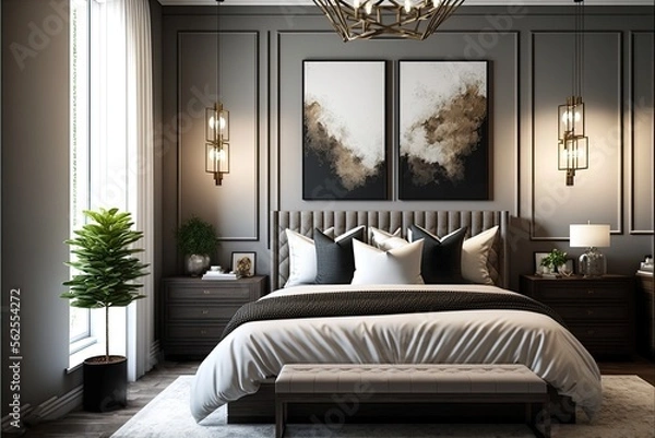 Fototapeta Sleek and contemporary master bedroom with a neutral color palette generative ai