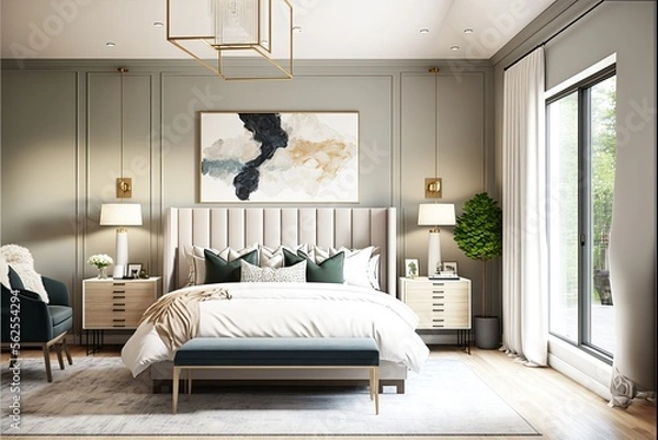 Fototapeta Sleek and contemporary master bedroom with a neutral color palette generative ai