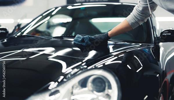 Fototapeta Man using a microfiber cloth to apply ceramic coating onto a shiny expensive black car. Unrecognizable person in protective gloves. High quality photo