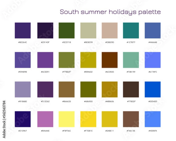 Fototapeta South summer holidays palette. Bright colorful seasonal color trends concept. Multicolor samples with codes. Trend for fashion, home, interior design, textile, linen, patterns. 