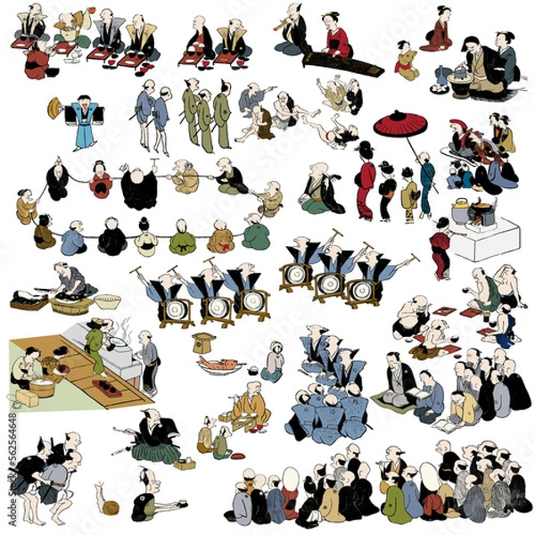 Fototapeta ゆるかわな昔の日本人のイラスト　ゆるくてかわいい和風の絵　浮世絵　戯画