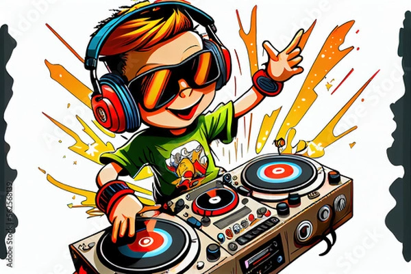 Obraz kid dj with headphones and sunglasses cartoon,generative ai