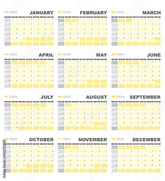 Fototapeta Calendar for 2023 in yellow and gray colors. Week starts on sunday.