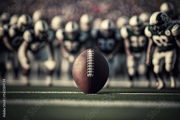 Fototapeta American Football Game in Super Bowl: Close-up of Ball on Field, Players in Background. Generative AI