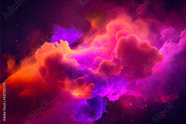 Fototapeta Bubbly pink and orange multicolored smoke puff cloud design elements on a dark background - generative ai