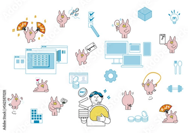 Fototapeta お金を持っている男性とブタのキャラクターのイラストセット