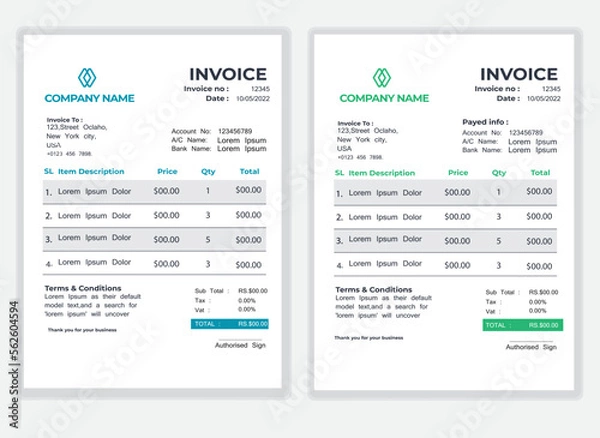 Fototapeta Business Minimal Corporate Invoice design template vector illustration bill form price . Creative template and stationery design payment agreement design template Cash Memo, Vector Quotation Design