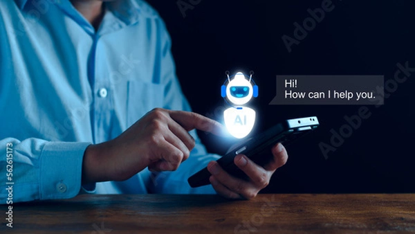 Fototapeta ChatGPT Chat concept AI, Artificial Intelligence. businessman using technology smart robot AI, enter command prompt, contact for business information analysis, Futuristic technology transformation.