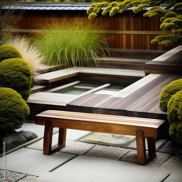 Fototapeta A bench next to a Zen garden. 