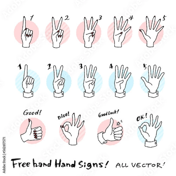 Obraz シンプルでおしゃれな手描きのハンドサインのアイコン風ベクターイラスト素材セット