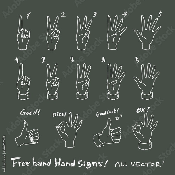 Obraz シンプルでおしゃれなハンドサインのチョークアート風線画ベクターイラスト素材セット