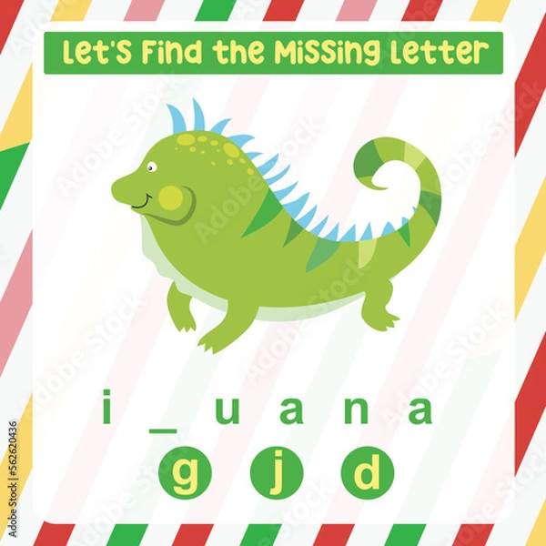 Fototapeta Find the missing letter animal urial worksheet for kids learning insects in English. Educational alphabetic game. Printable worksheet for preschool.  Spelling and writing practise page for children. 
