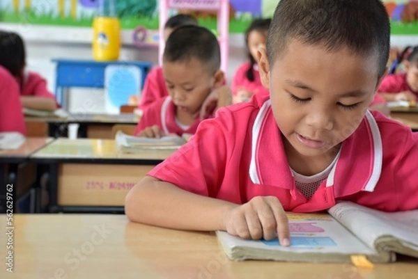 Fototapeta Primary Thai students in school uniforms are reading book on desk with intent in the classroom.