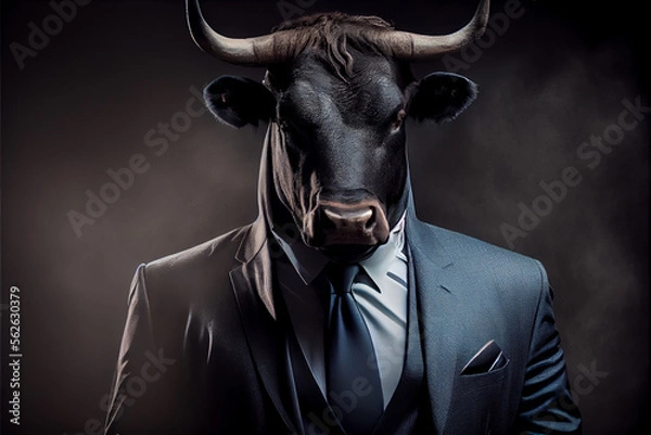 Fototapeta Portrait of a bull wearing a suite on a black background. generative ai
